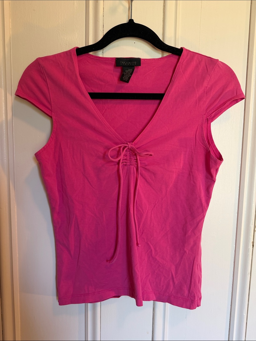 The Limited Bright Pink Tie-Front V-Neck, Capped Sleeves Crop Top